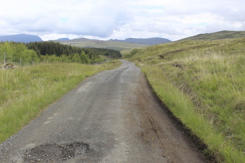 Road ahead. Sron a' Chlaonaidh and Carn Dearg in the distance